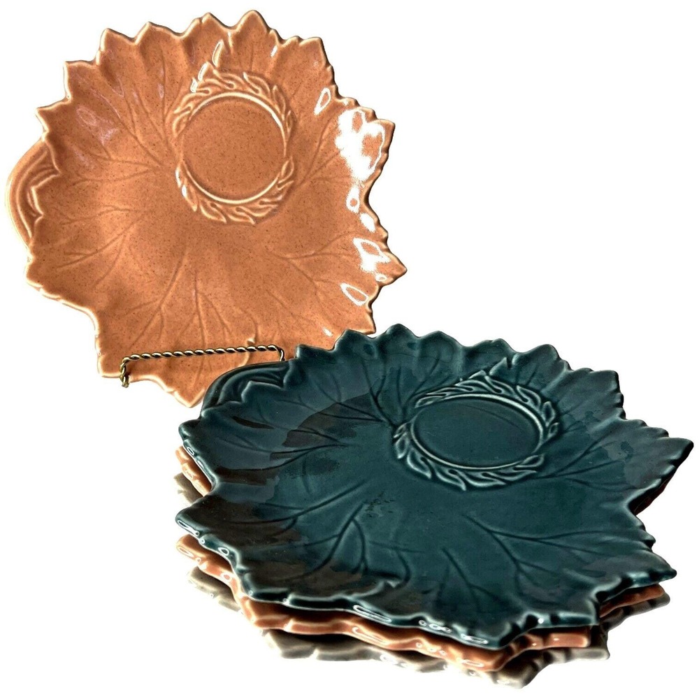 Woodfield Steubenville Leaf Snack Plates Seafoam Green Coral Pink‎ Gray Set of 4